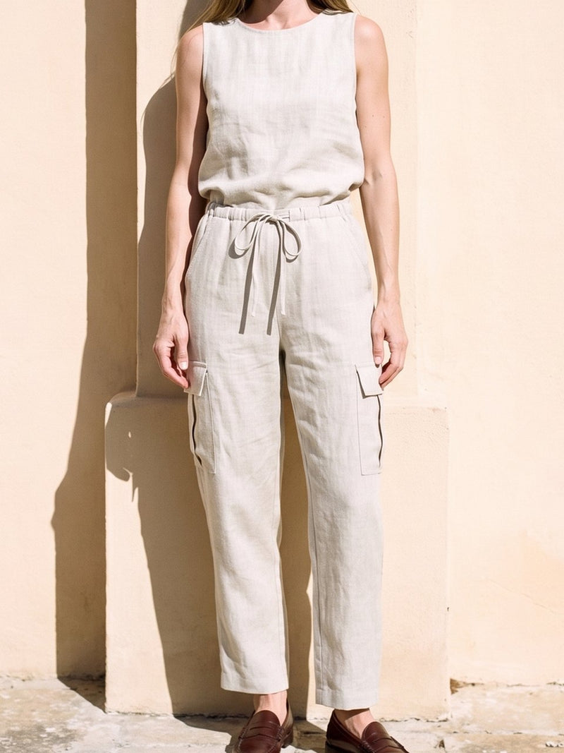 High Waist Linen Cargo Trousers, front view