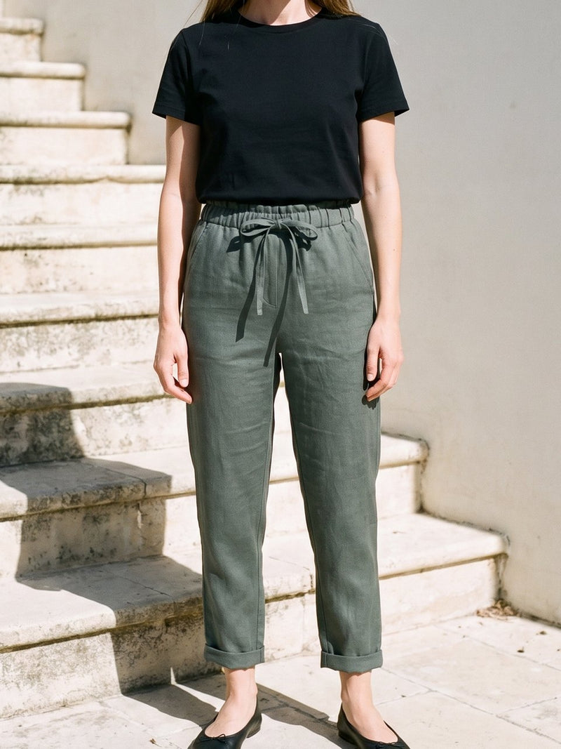 Tapered Linen Trousers in earth colours, front view