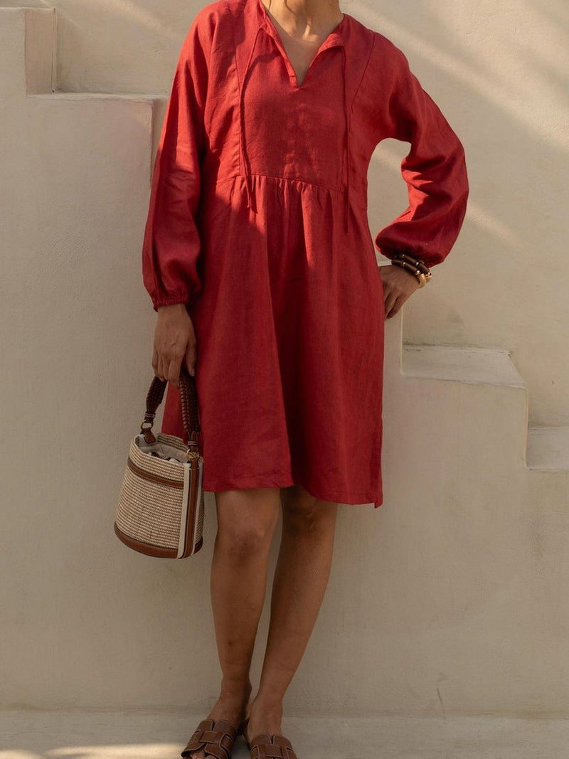 Tie Neck Linen Tunic Dress in brick red washed linen, Ellementree