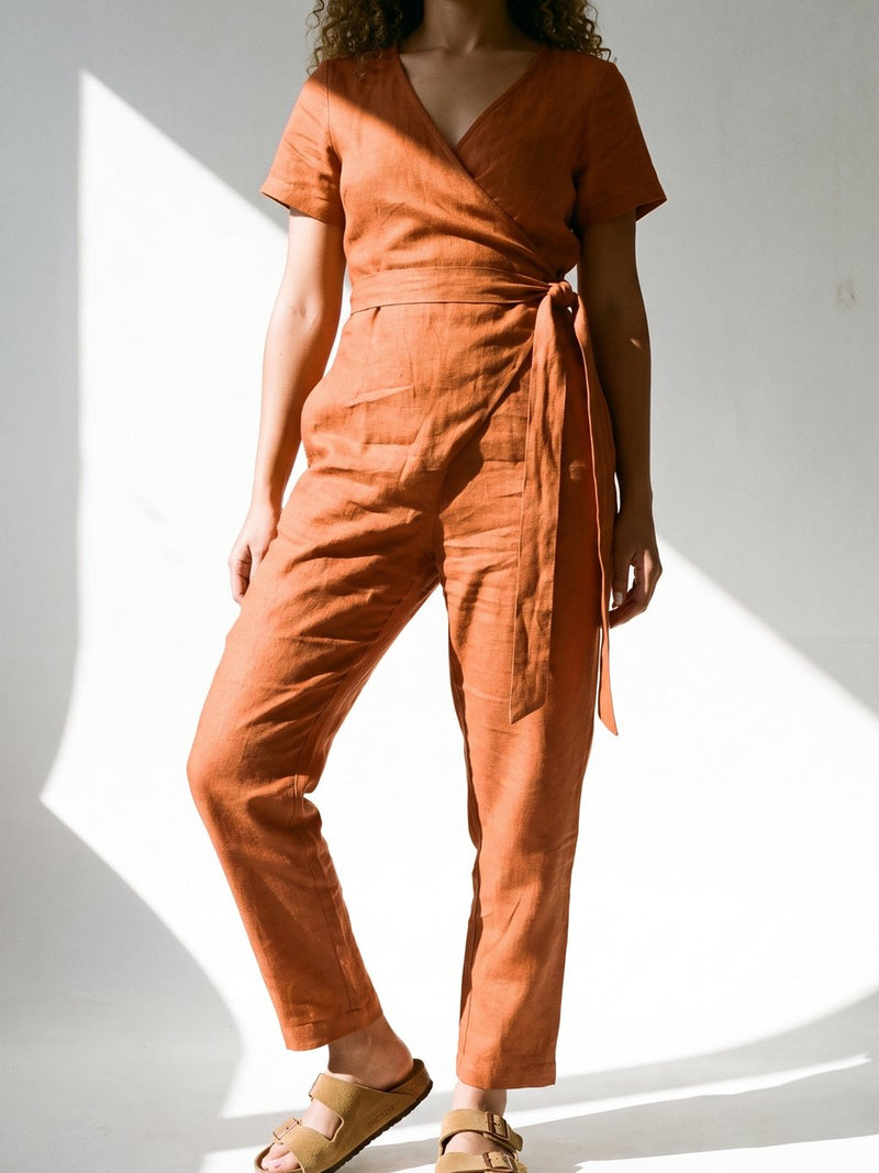 Wrap Linen Jumpsuit in cinnamon, front view