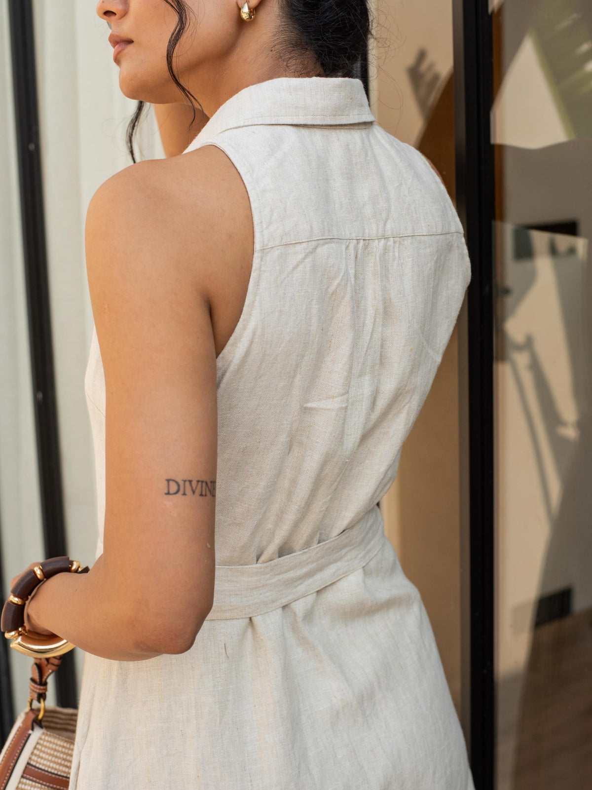 Belted Sleeveless Shirt Dress in natural washed linen, Ellementree