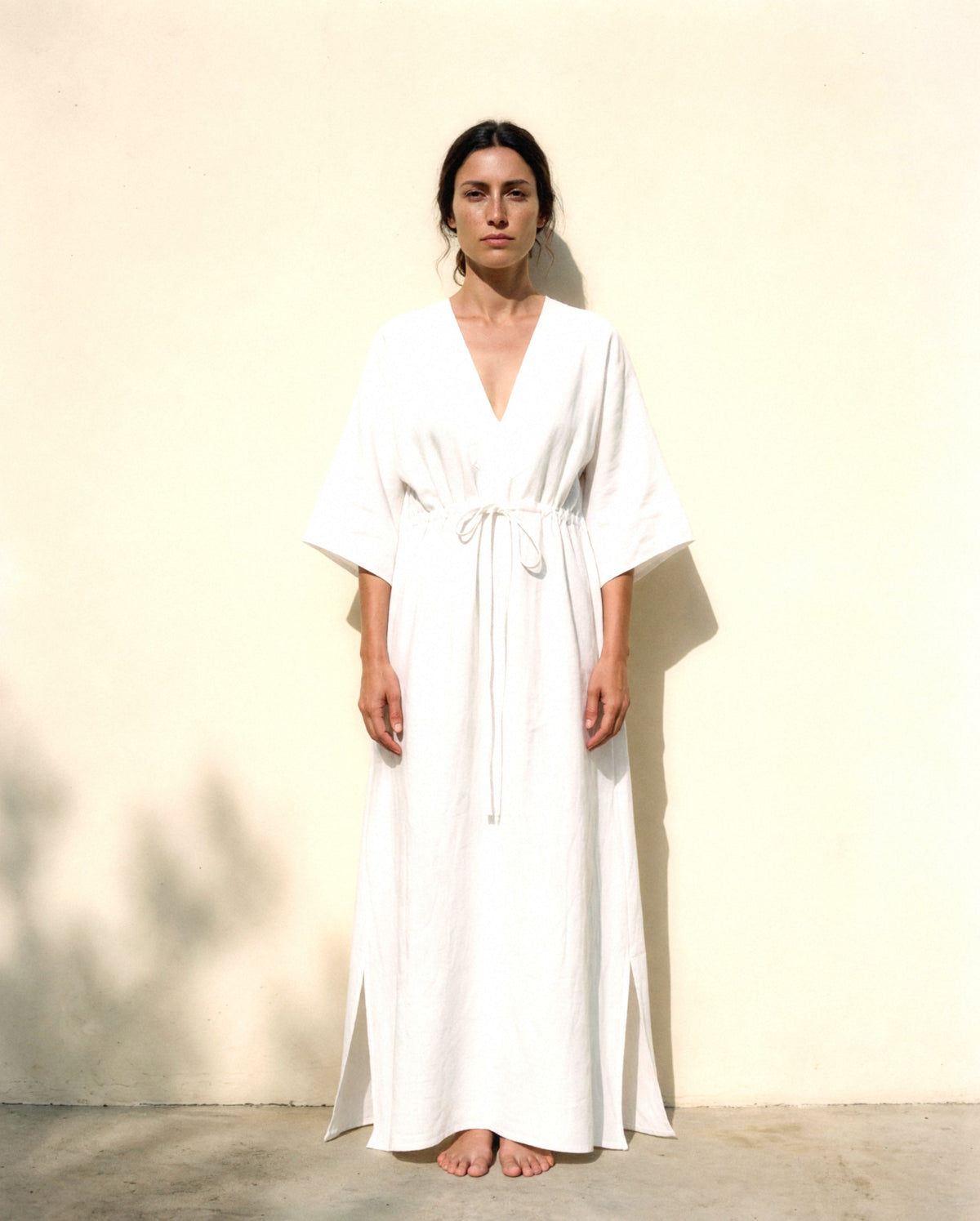 Batwing Linen Kaftan in white, front view