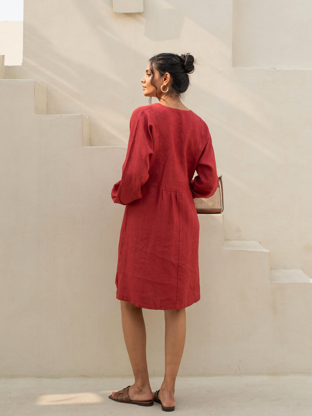 Tie Neck Linen Tunic Dress in brick red washed linen, Ellementree