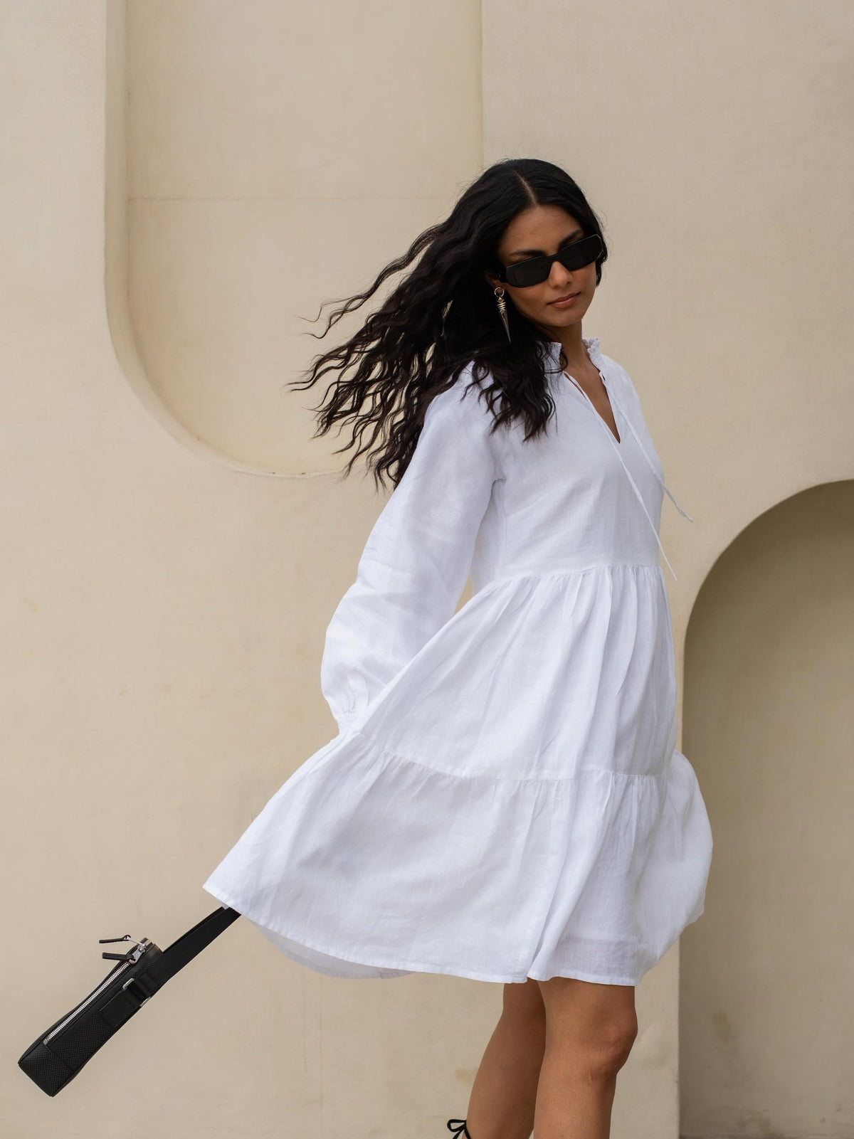 Short Tiered Linen Dress in white washed linen, Ellementree