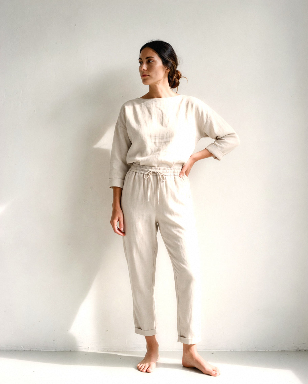 Tapered Linen Trousers in earth colours, in Stone