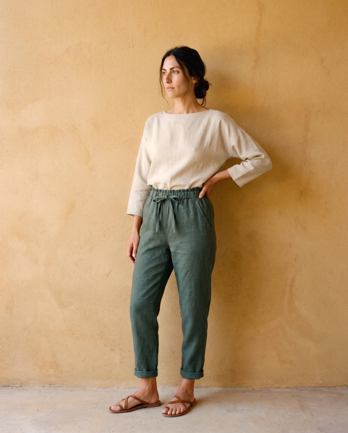 Tapered Linen Trousers in earth colours, in Moss