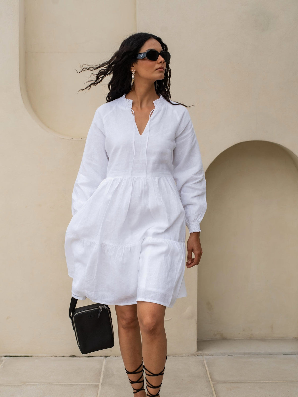 Short Tiered Linen Dress in white washed linen, Ellementree