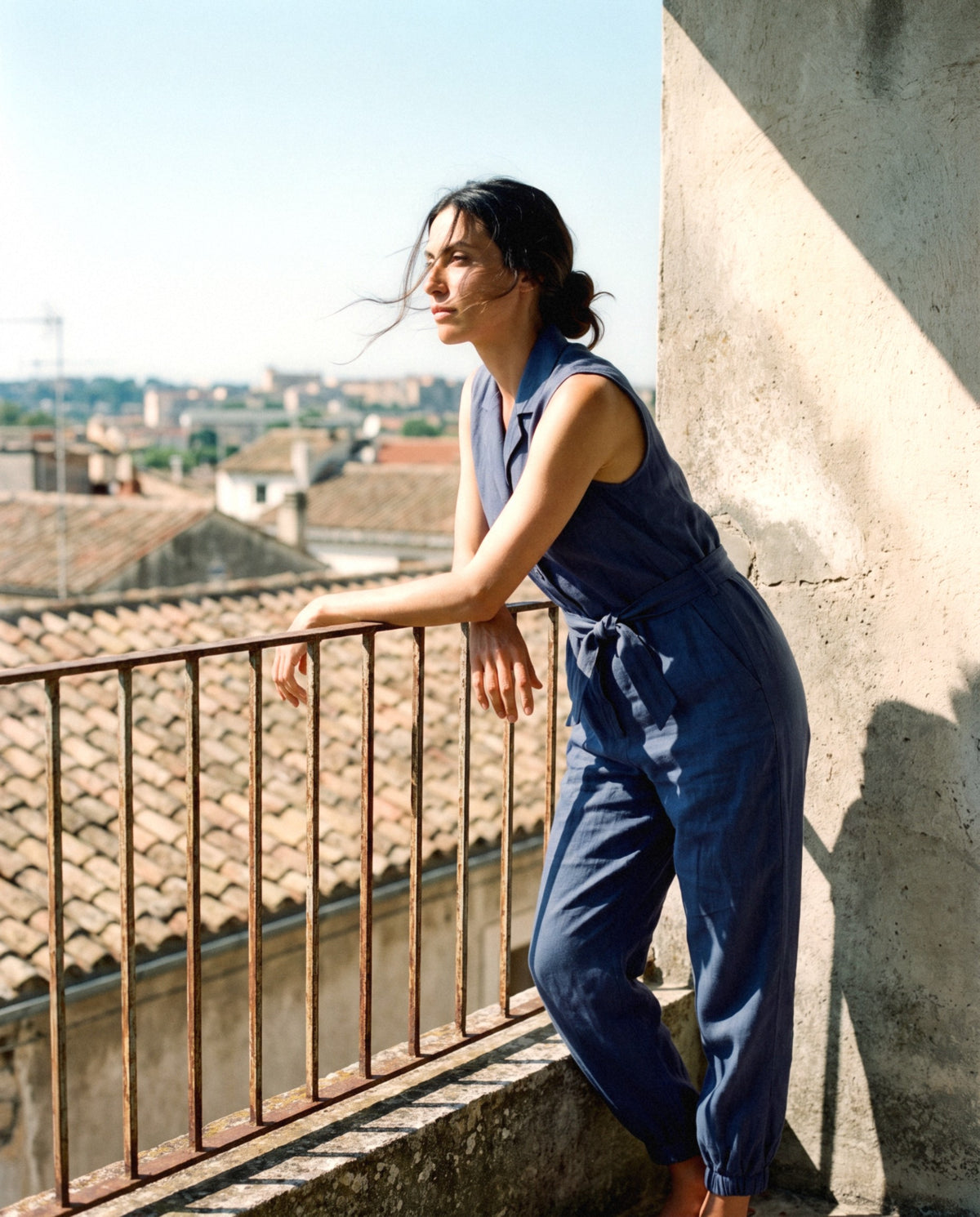 Sleeveless Linen Jumpsuit, worn, relaxed