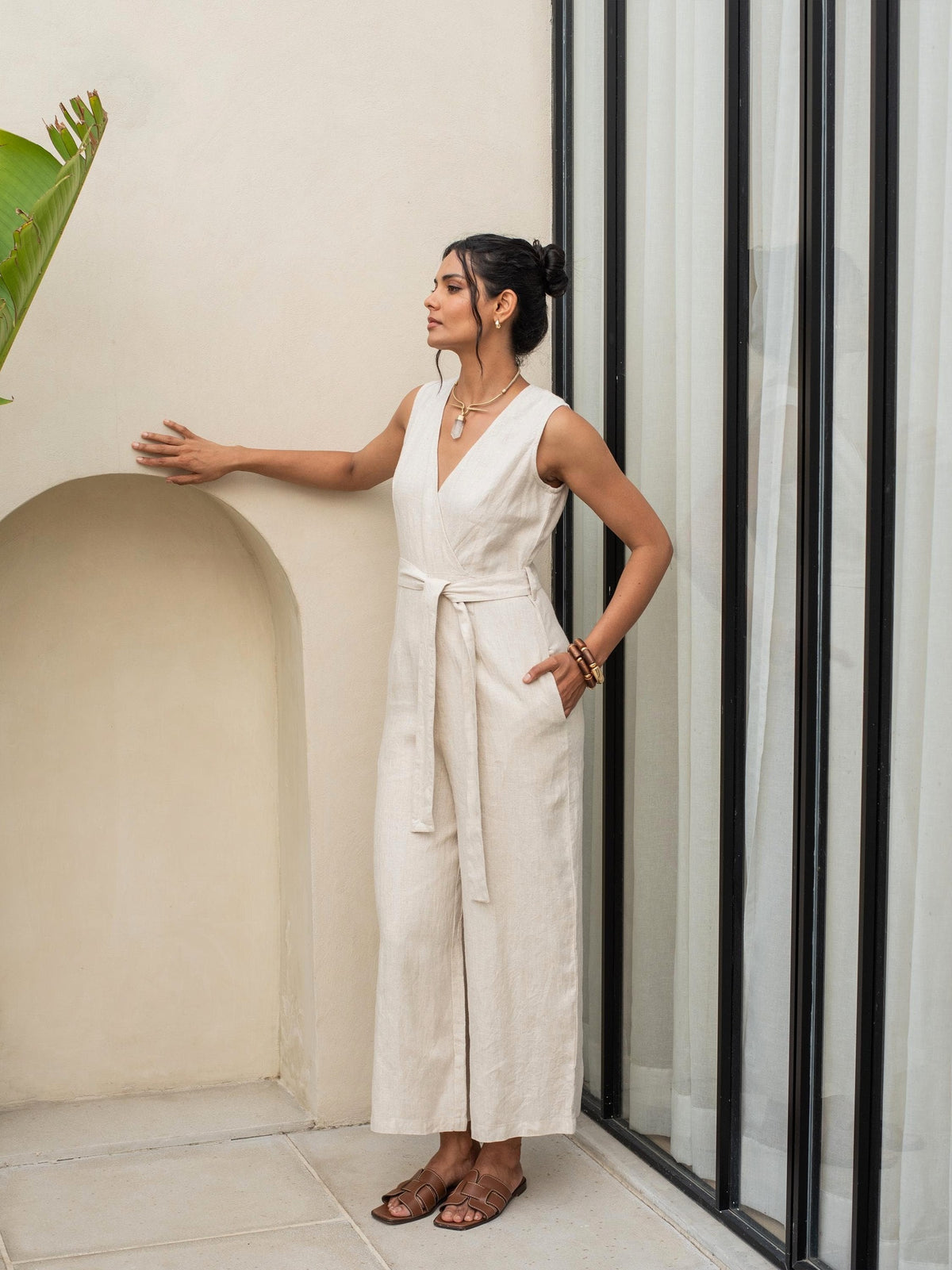 Sleeveless Wrap Linen Jumpsuit in natural washed linen, Ellementree
