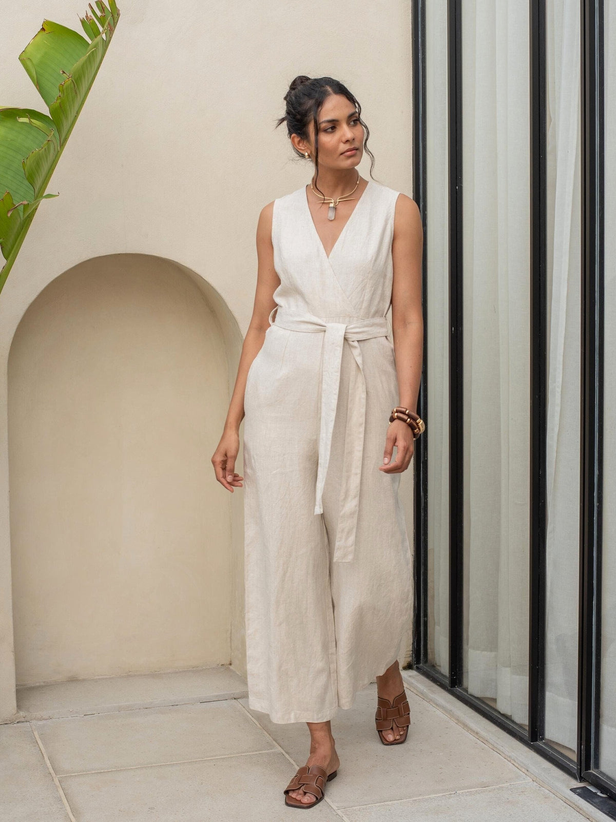 Sleeveless Wrap Linen Jumpsuit in natural washed linen, Ellementree