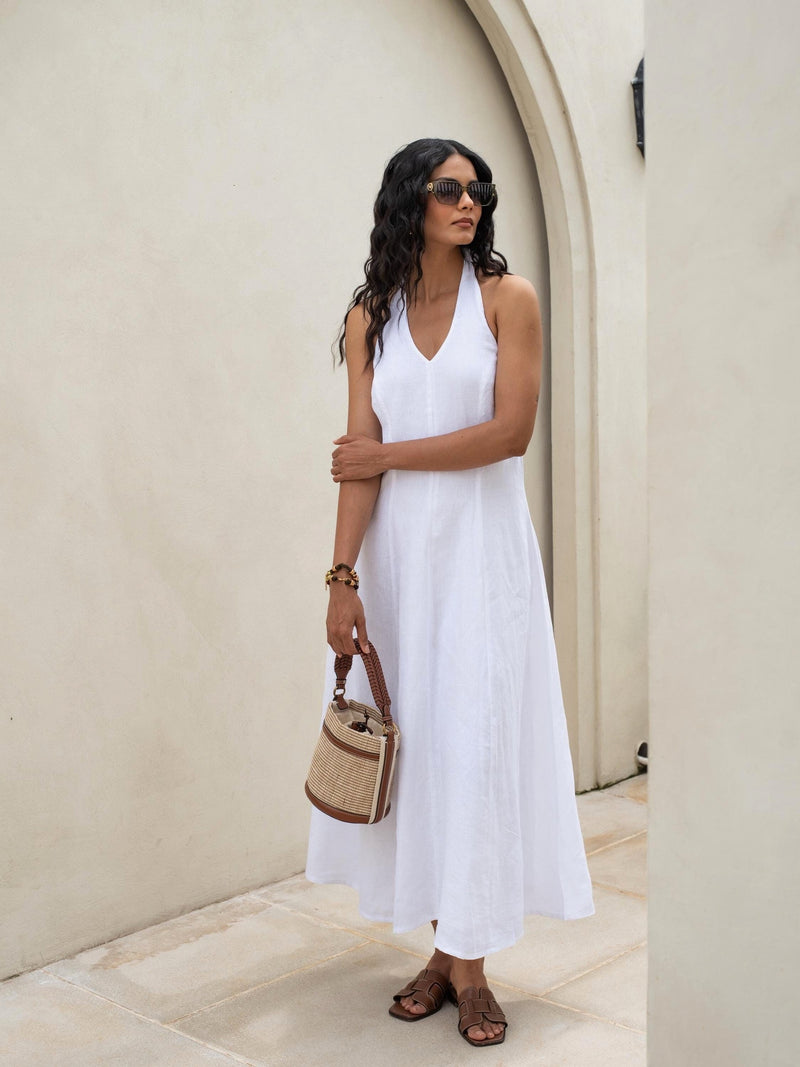 Halter Neck Linen Maxi Dress in washed linen, Ellementree