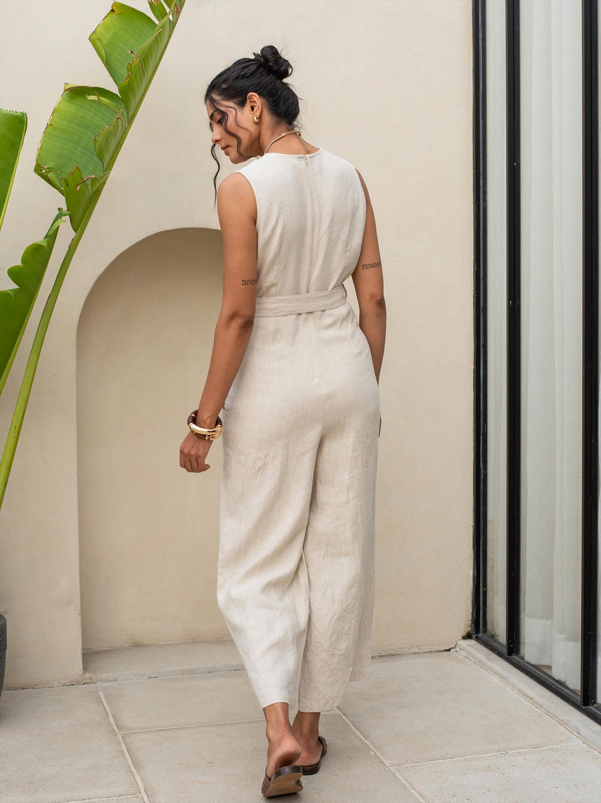 Sleeveless Wrap Linen Jumpsuit in natural washed linen, Ellementree