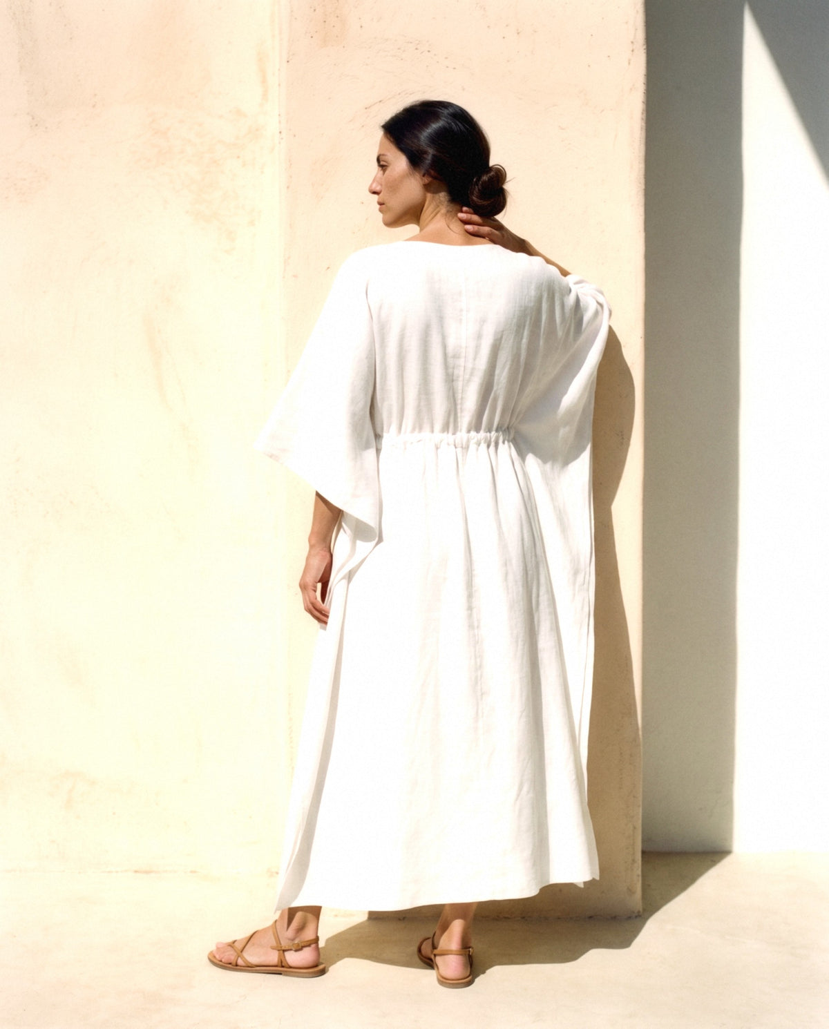 Batwing Linen Kaftan in white, back view