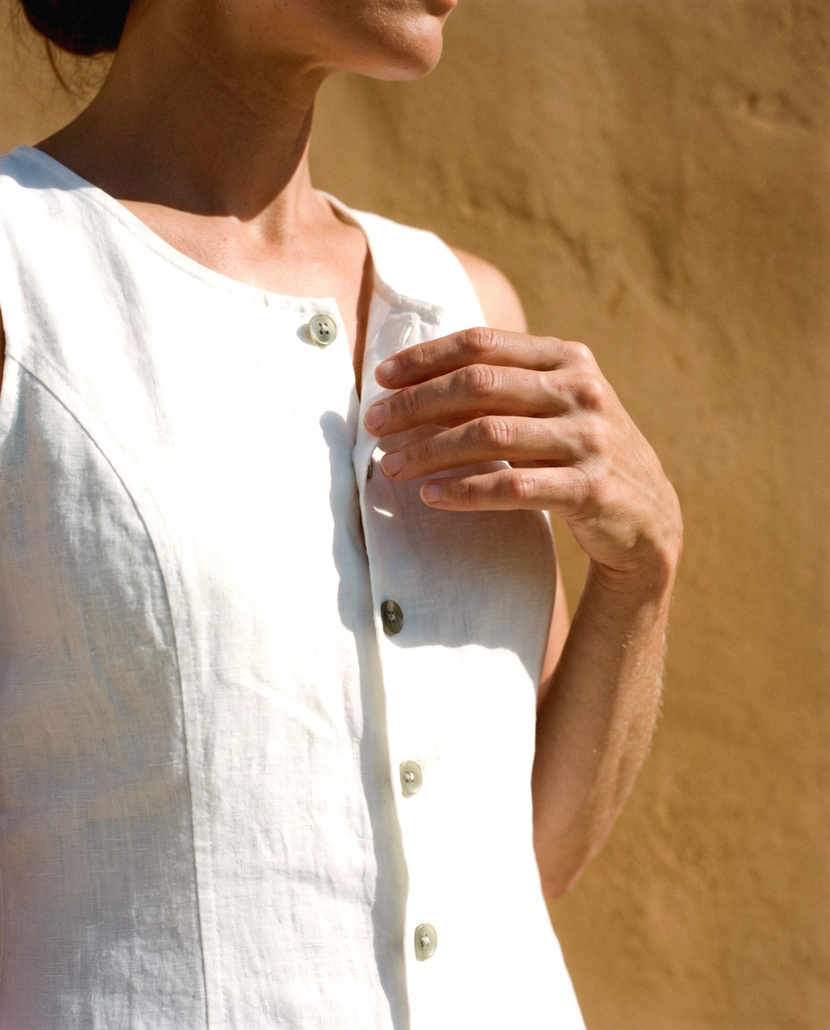 Button Front Linen Midi in white, fabric and finish detail