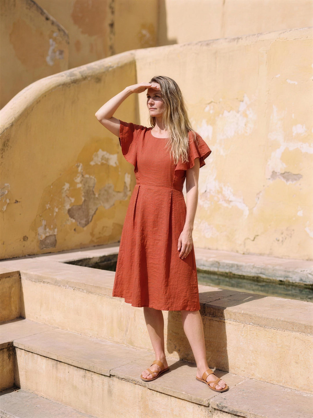 Frill Sleeve Linen Dress