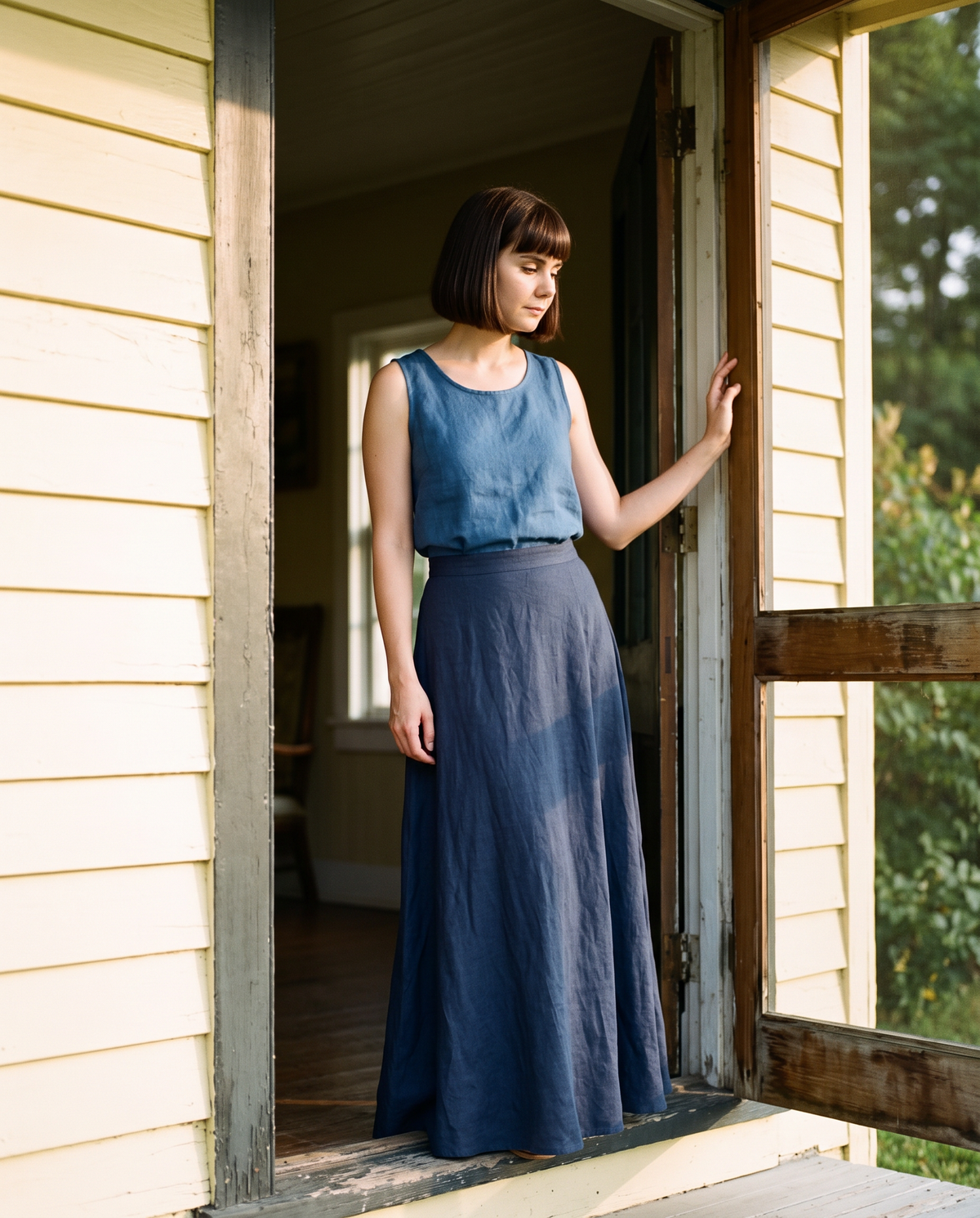 Long Linen Maxi Skirt in navy linen