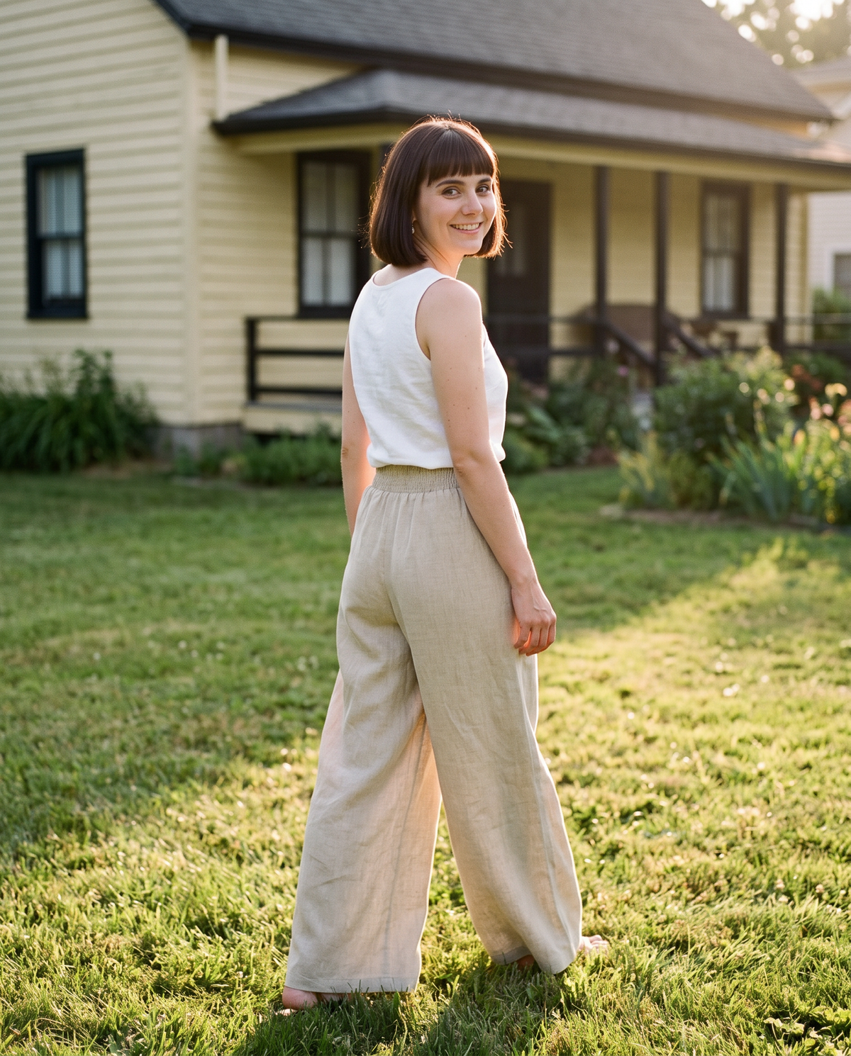 Smocked Waist Palazzo Trousers in natural linen