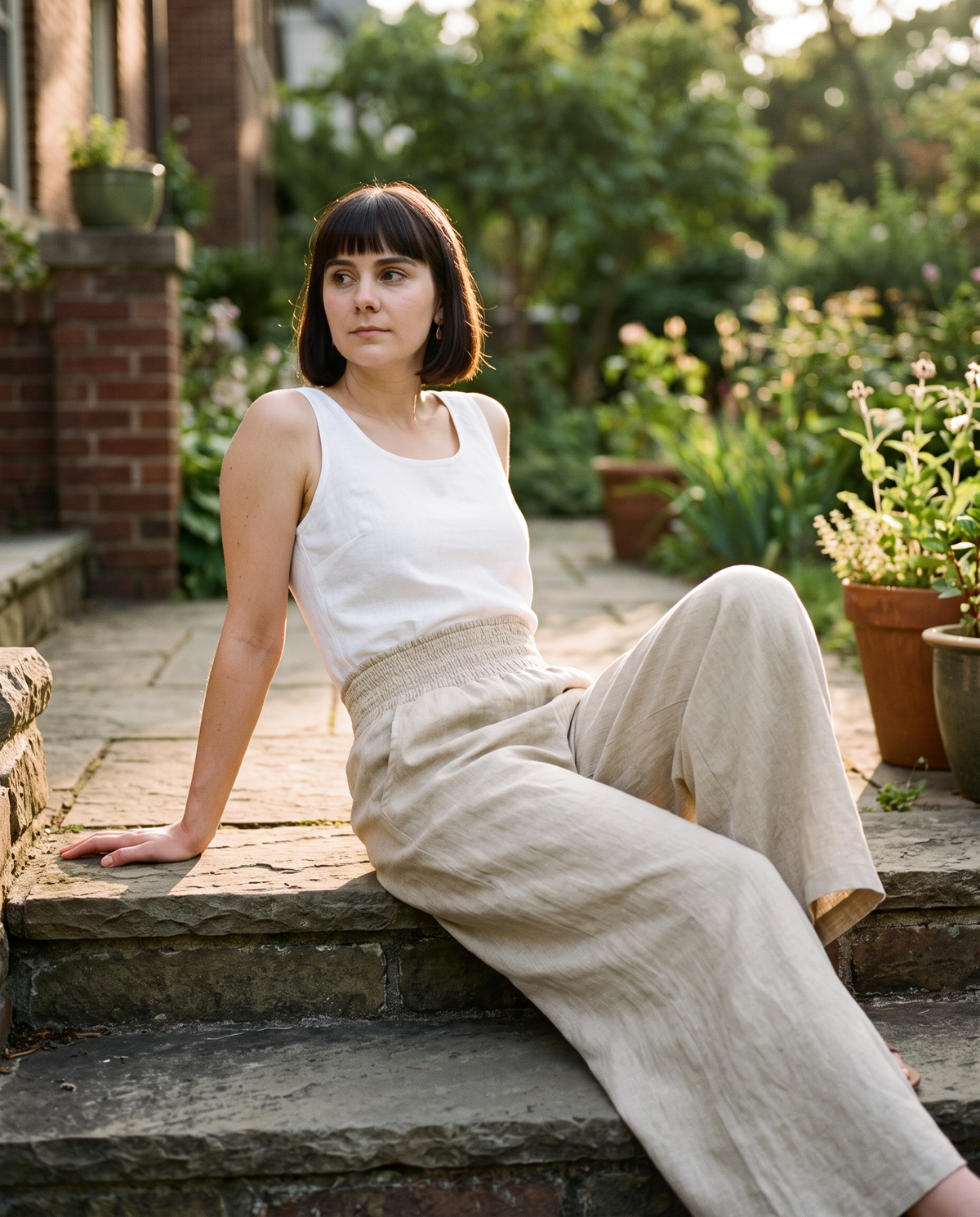 Smocked Waist Palazzo Trousers in natural linen