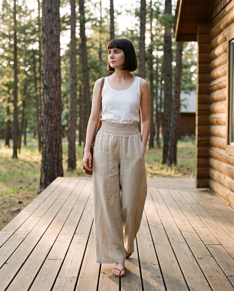 Smocked Waist Palazzo Trousers in natural linen
