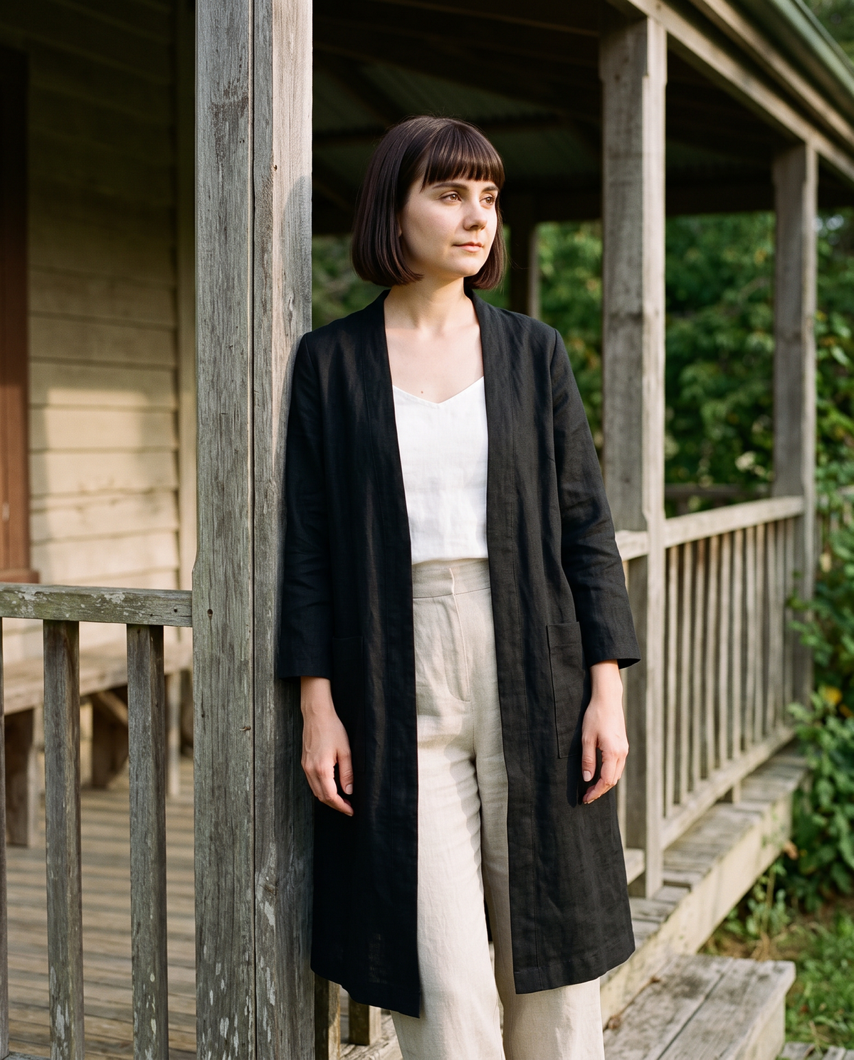 Long Linen Duster Coat in black linen