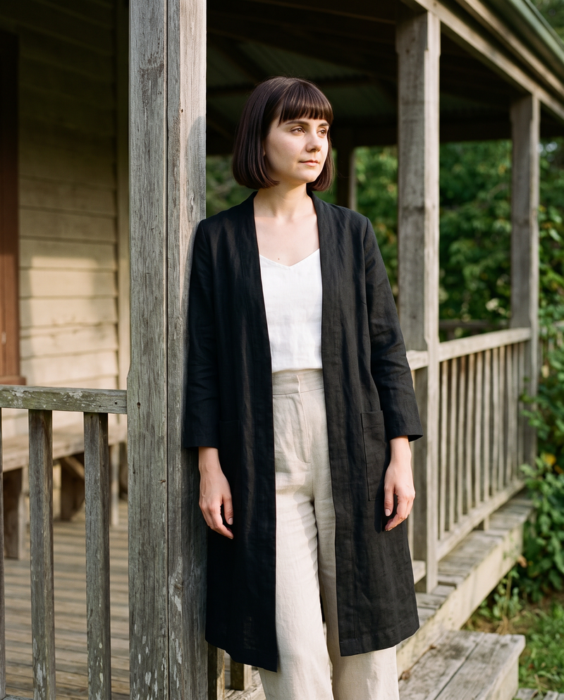 Long Linen Duster Coat in black linen