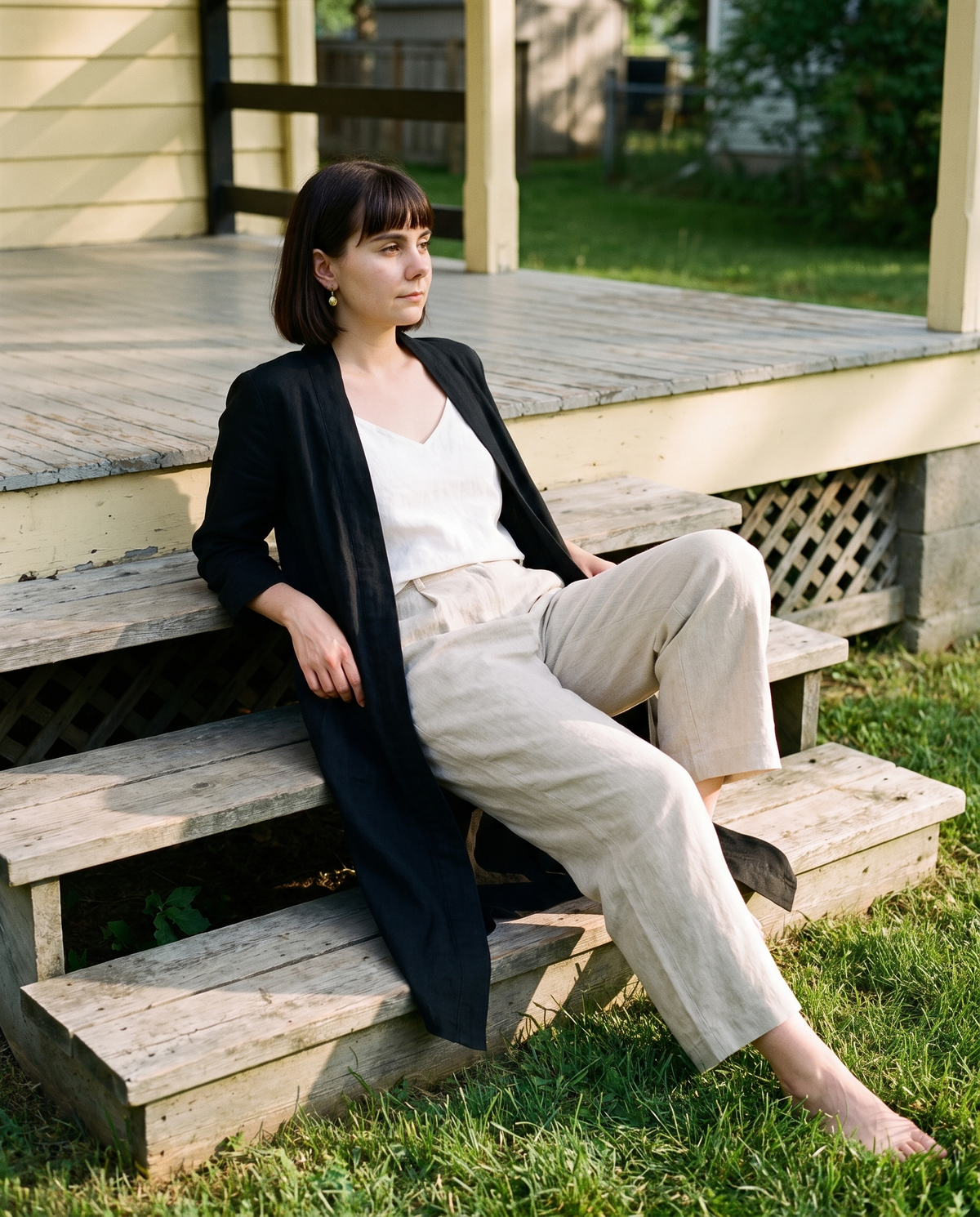 Long Linen Duster Coat in black linen