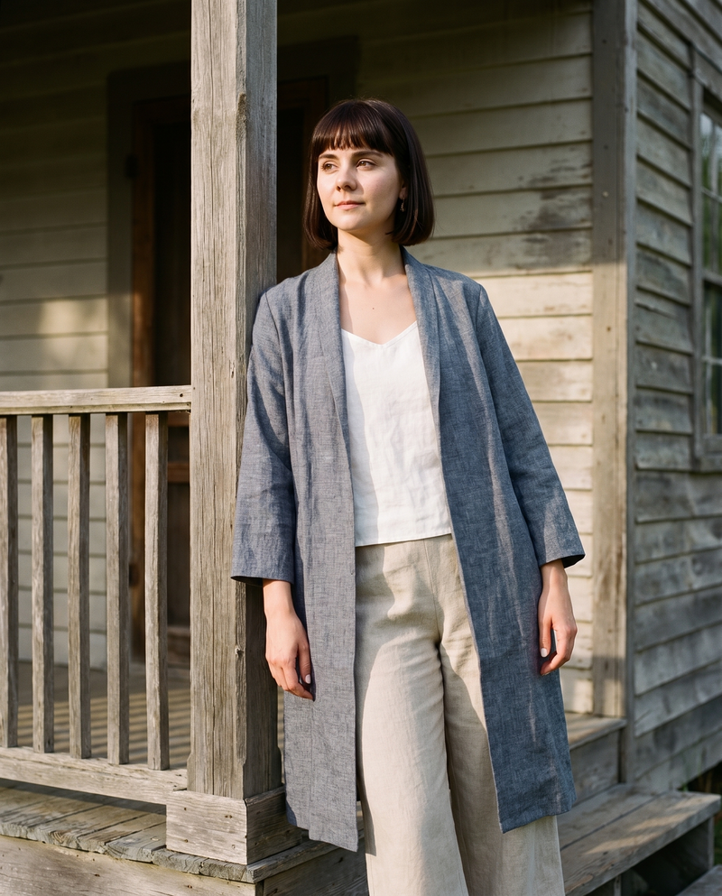 Long Linen Duster Coat in blue grey linen