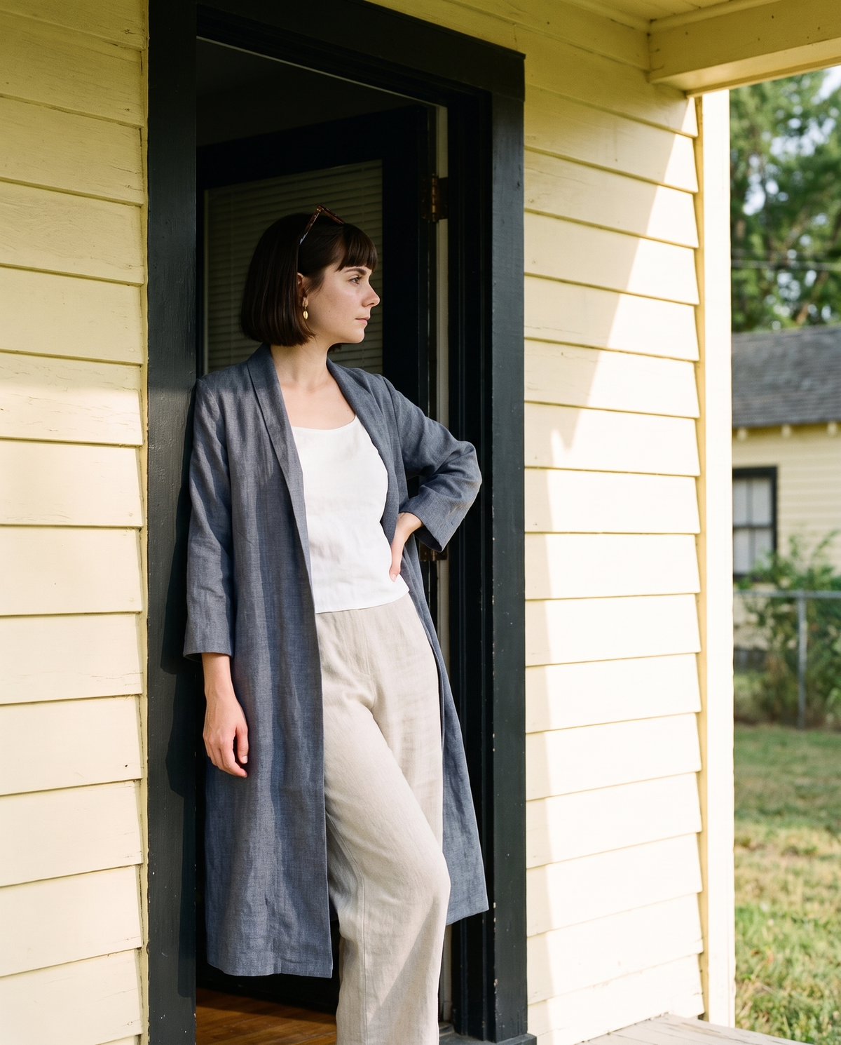 Long Linen Duster Coat in blue grey linen