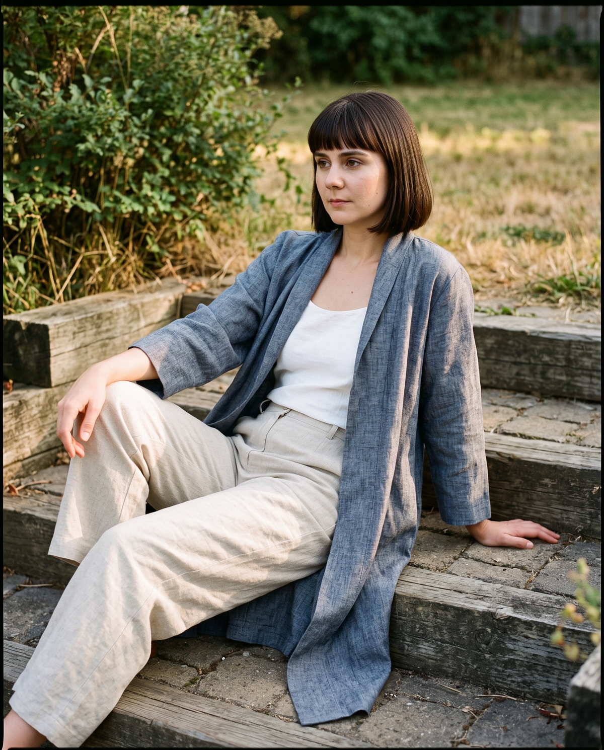 Long Linen Duster Coat in blue grey linen