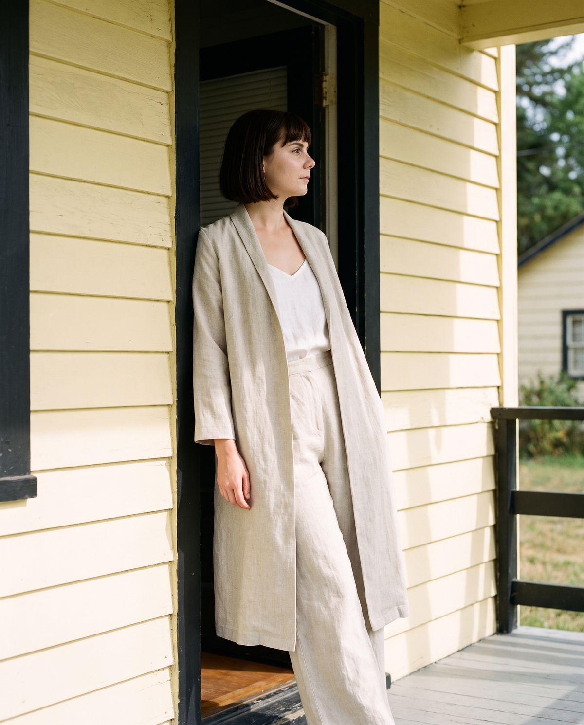 Long Linen Duster Coat in natural linen