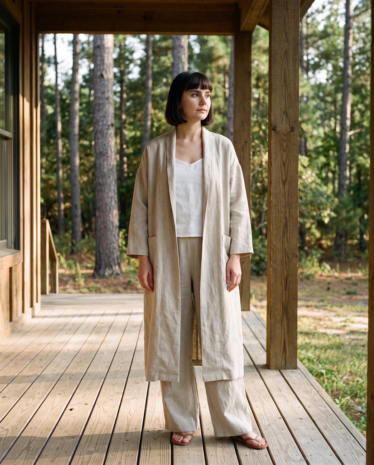 Long Linen Duster Coat in natural linen