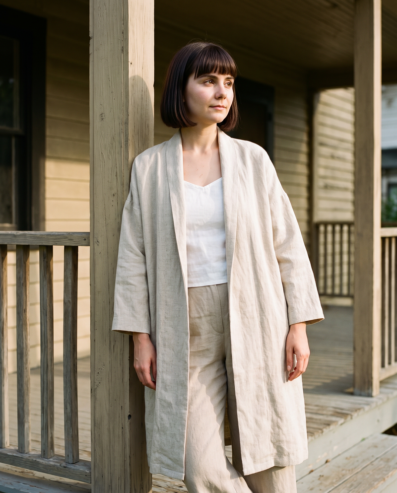 Long Linen Duster Coat in natural linen