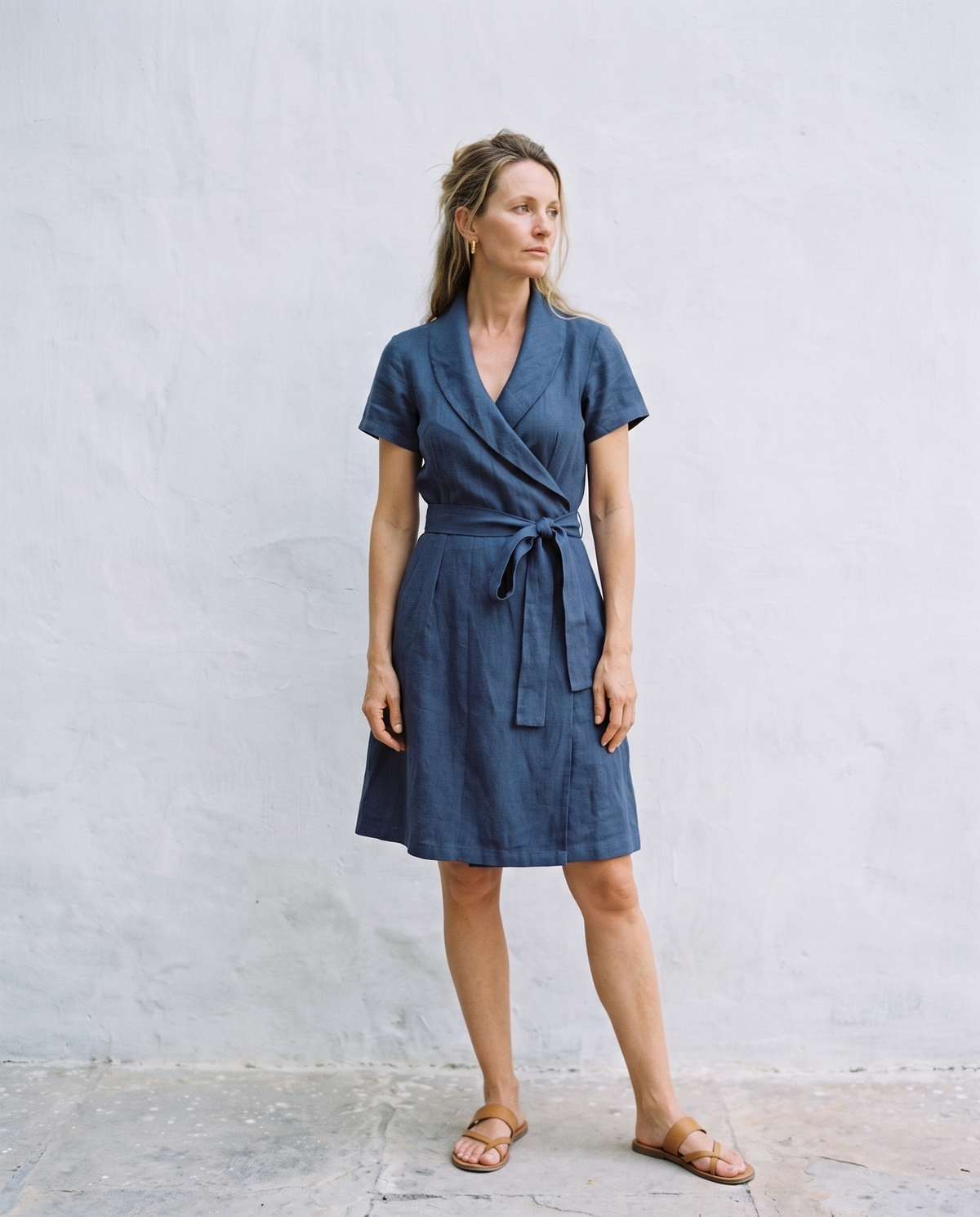 Short Sleeve Linen Wrap Dress in navy linen