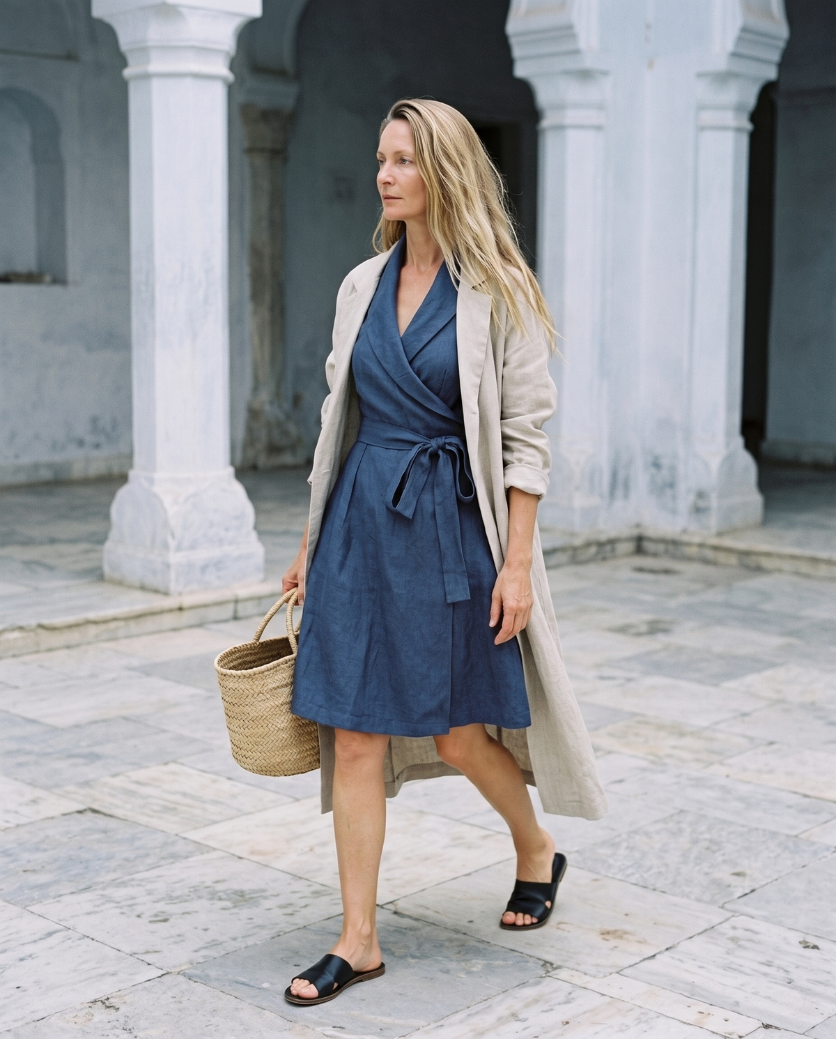 Short Sleeve Linen Wrap Dress in navy linen