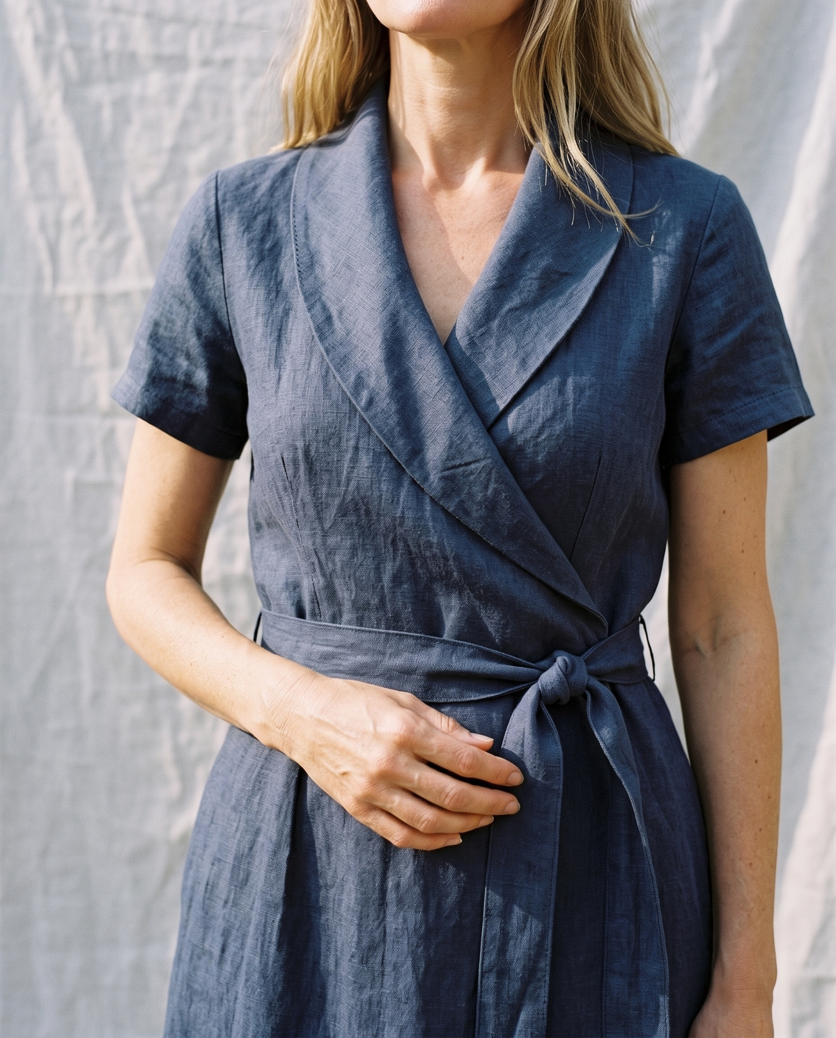 Short Sleeve Linen Wrap Dress in navy linen