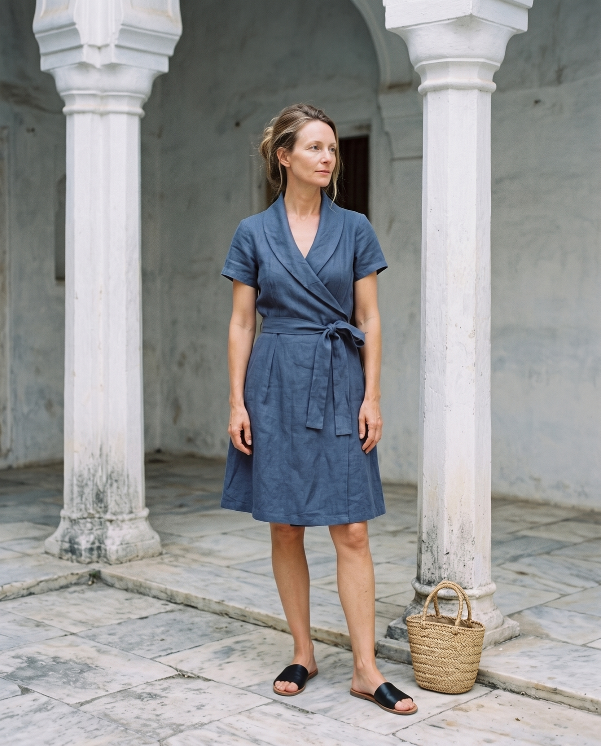 Short Sleeve Linen Wrap Dress in navy linen