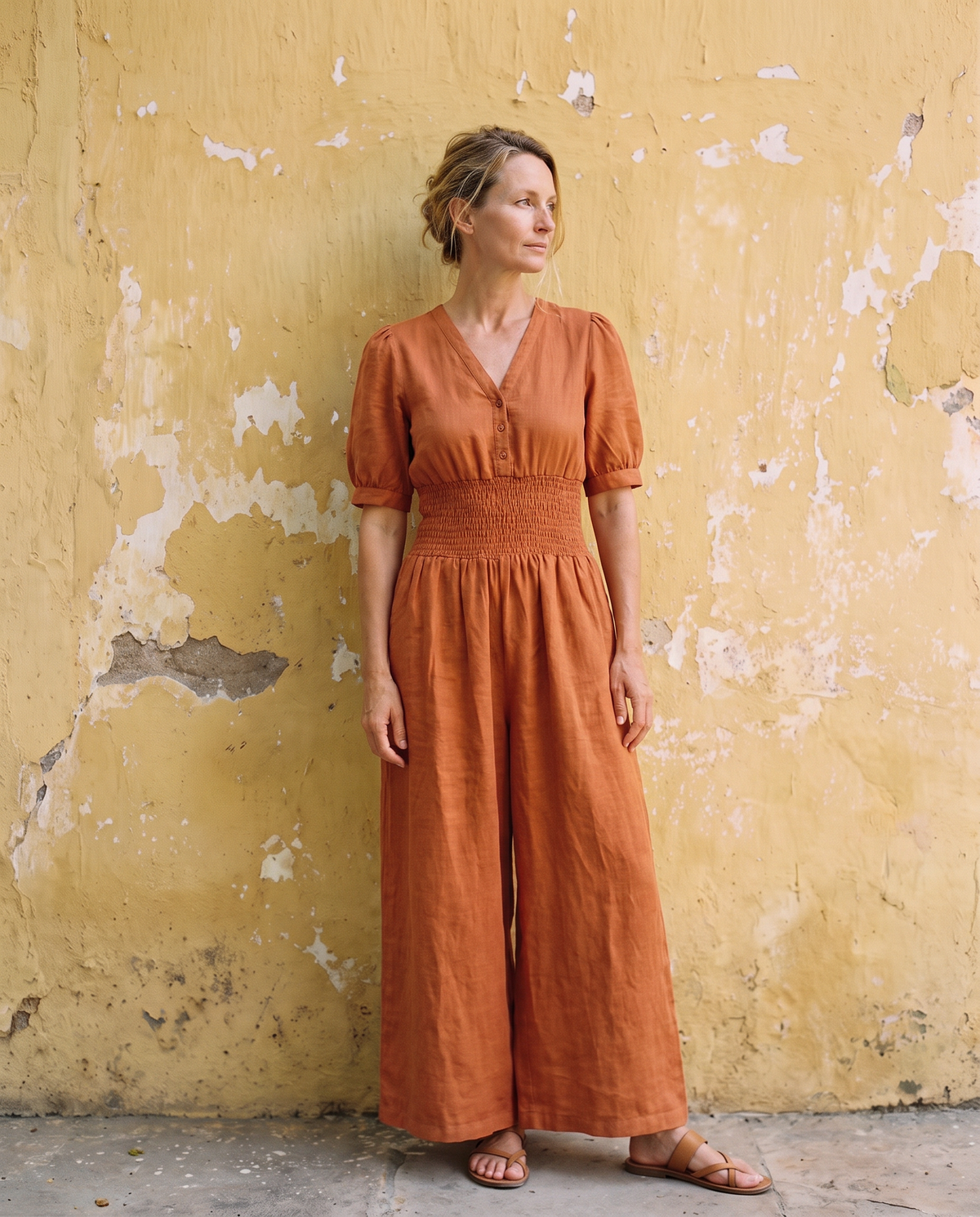 Button Front Linen Maxi Jumpsuit