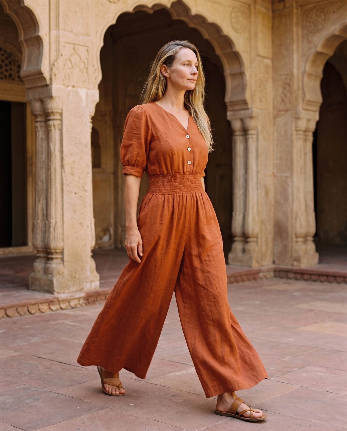 Button Front Linen Maxi Jumpsuit