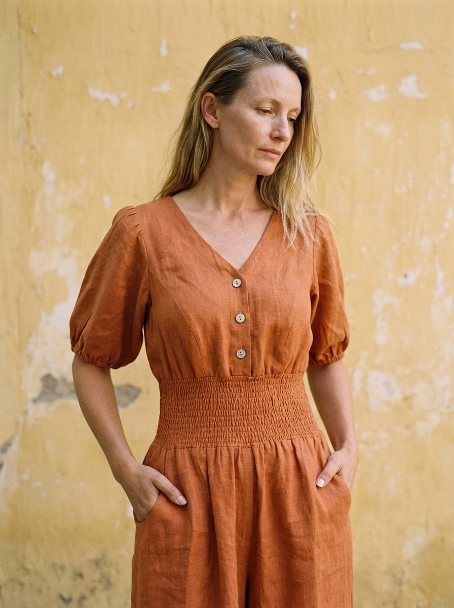 Button Front Linen Maxi Jumpsuit
