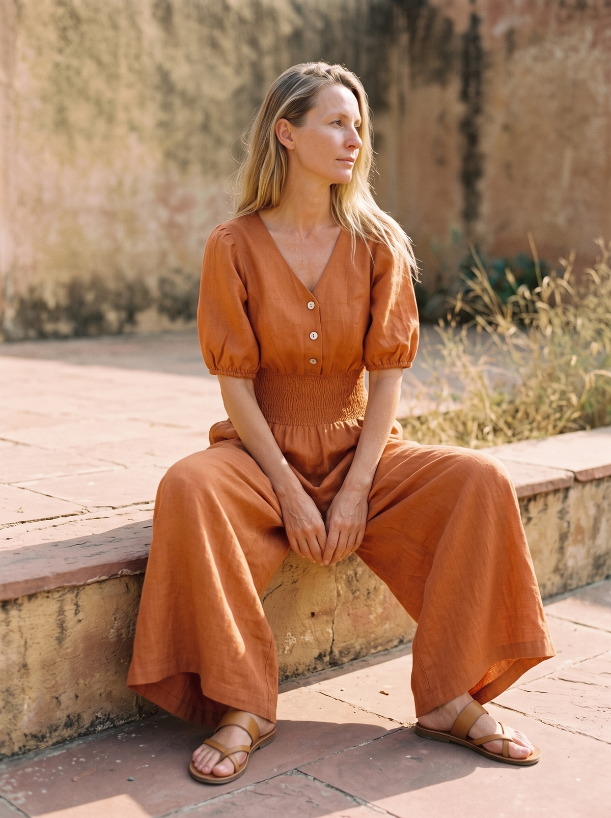 Button Front Linen Maxi Jumpsuit