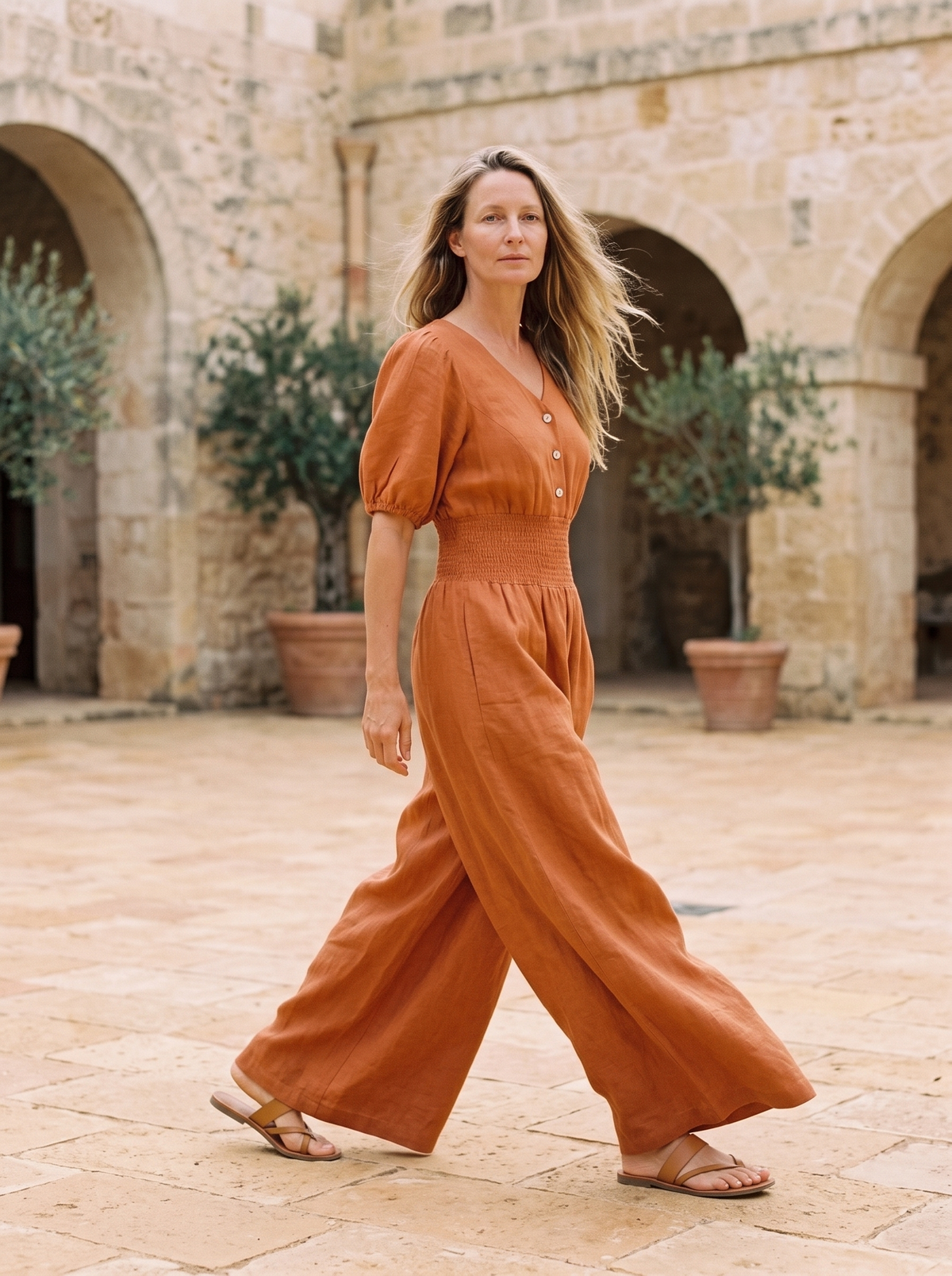 Button Front Linen Maxi Jumpsuit