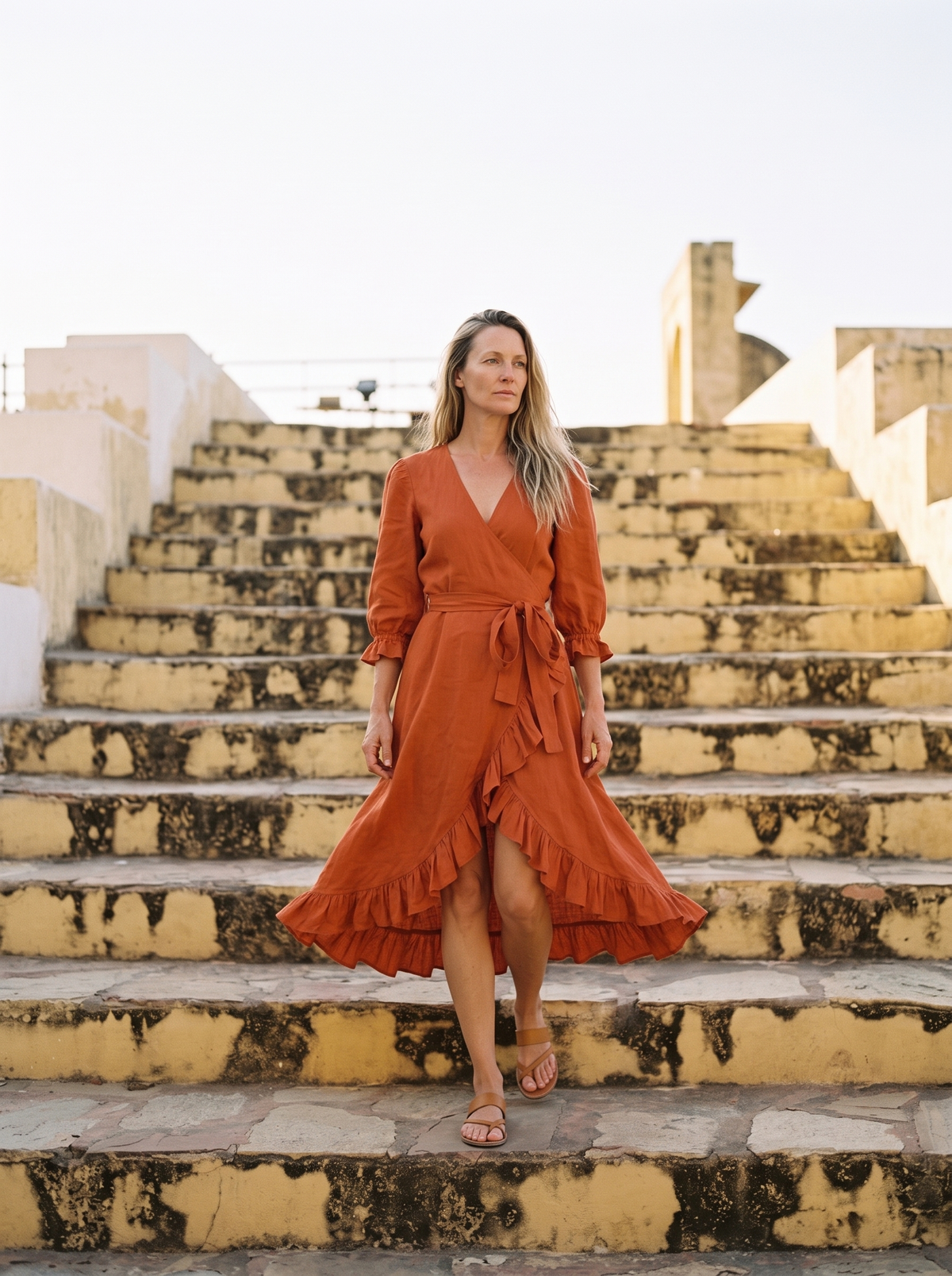 Ruffle Wrap Linen Maxi Dress in rust linen