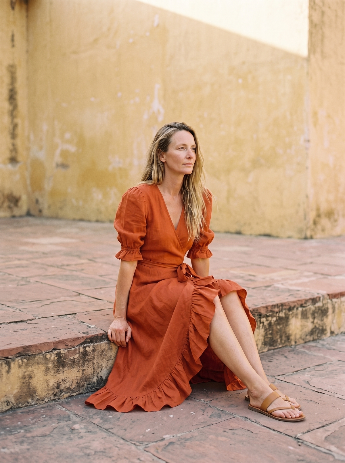 Ruffle Wrap Linen Maxi Dress in rust linen