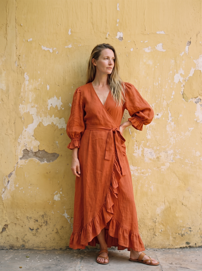 Ruffle Wrap Linen Maxi Dress in rust linen