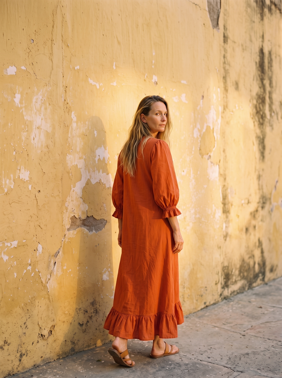 Ruffle Wrap Linen Maxi Dress in rust linen