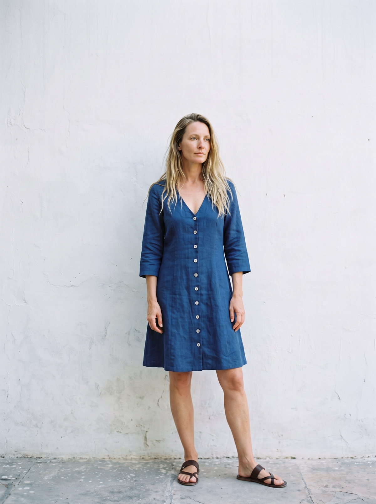 Button Through Linen Midi Dress in blue linen