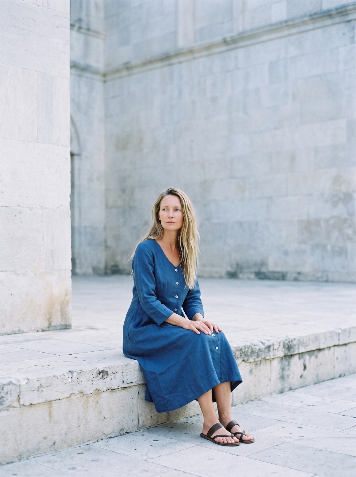 Button Through Linen Midi Dress in blue linen