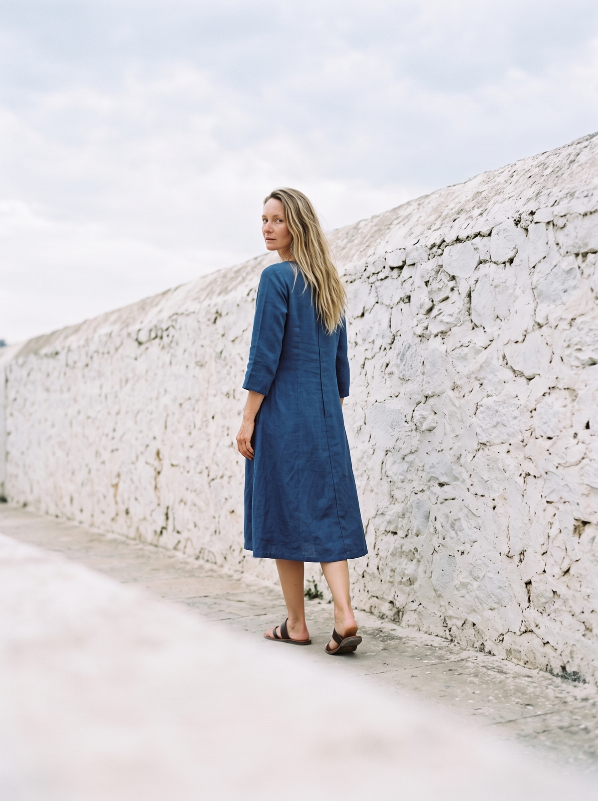Button Through Linen Midi Dress in blue linen