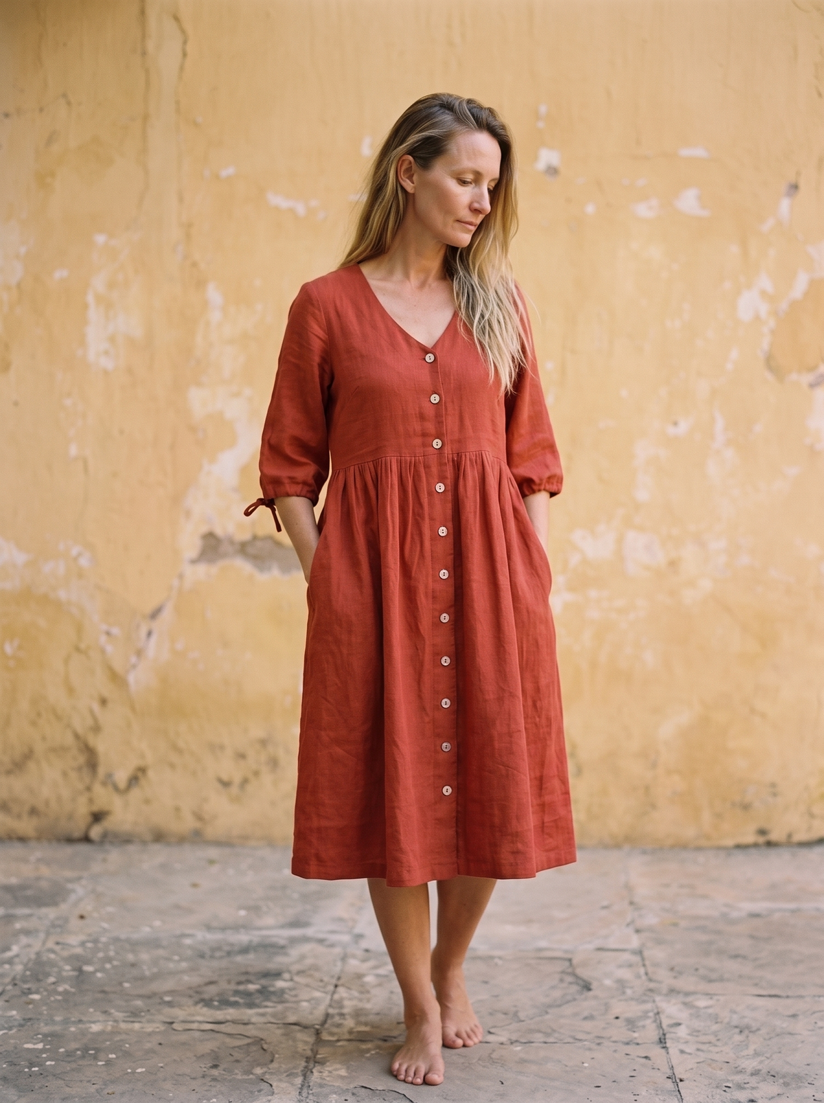 Tie Sleeve Linen Midi Dress in rust linen