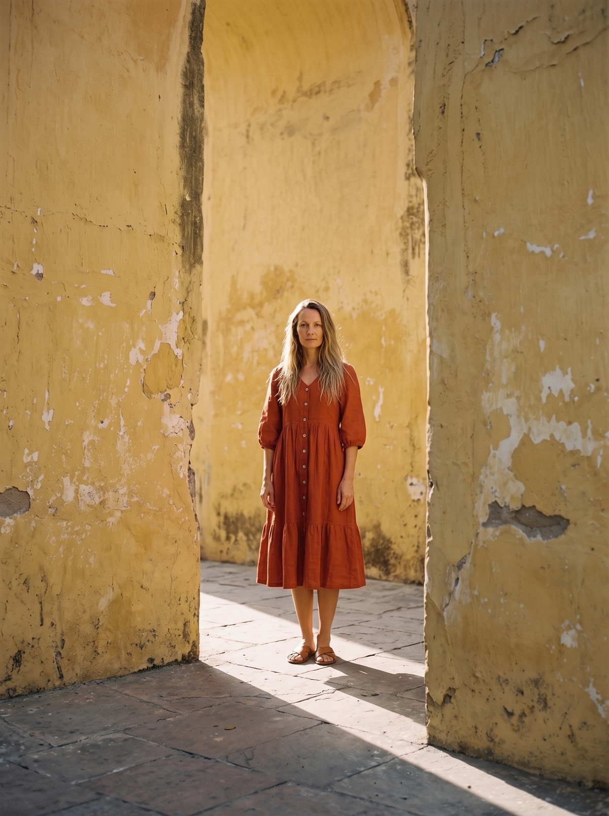 Tie Sleeve Linen Midi Dress in rust linen